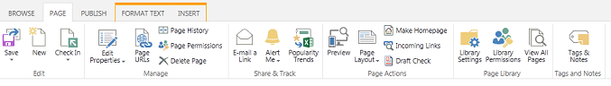 Screen shot of the page tab, which contains numerous buttons for editing, saving, checking in, and checking out publishing pages