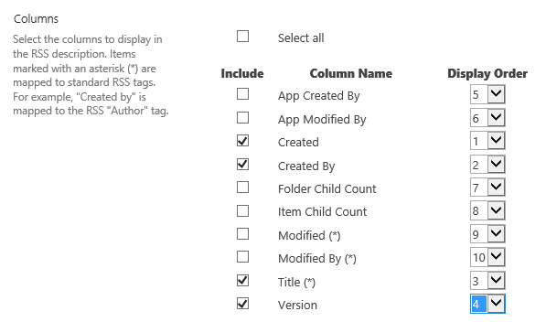 RSS column settings