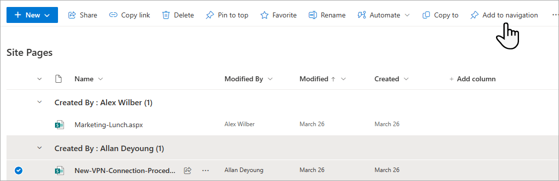 Adding a page to the menu from Site Pages.