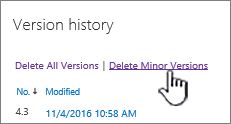 Version dialog box with Delete minor versions highlighted