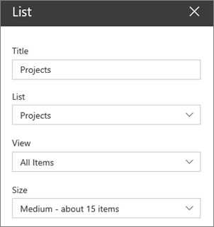 Screenshot of the List web part property pane with title, list, view, size, and Hide list controls settings.