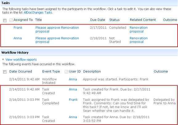 Tasks and History areas on Workflow Status page for reassigned task