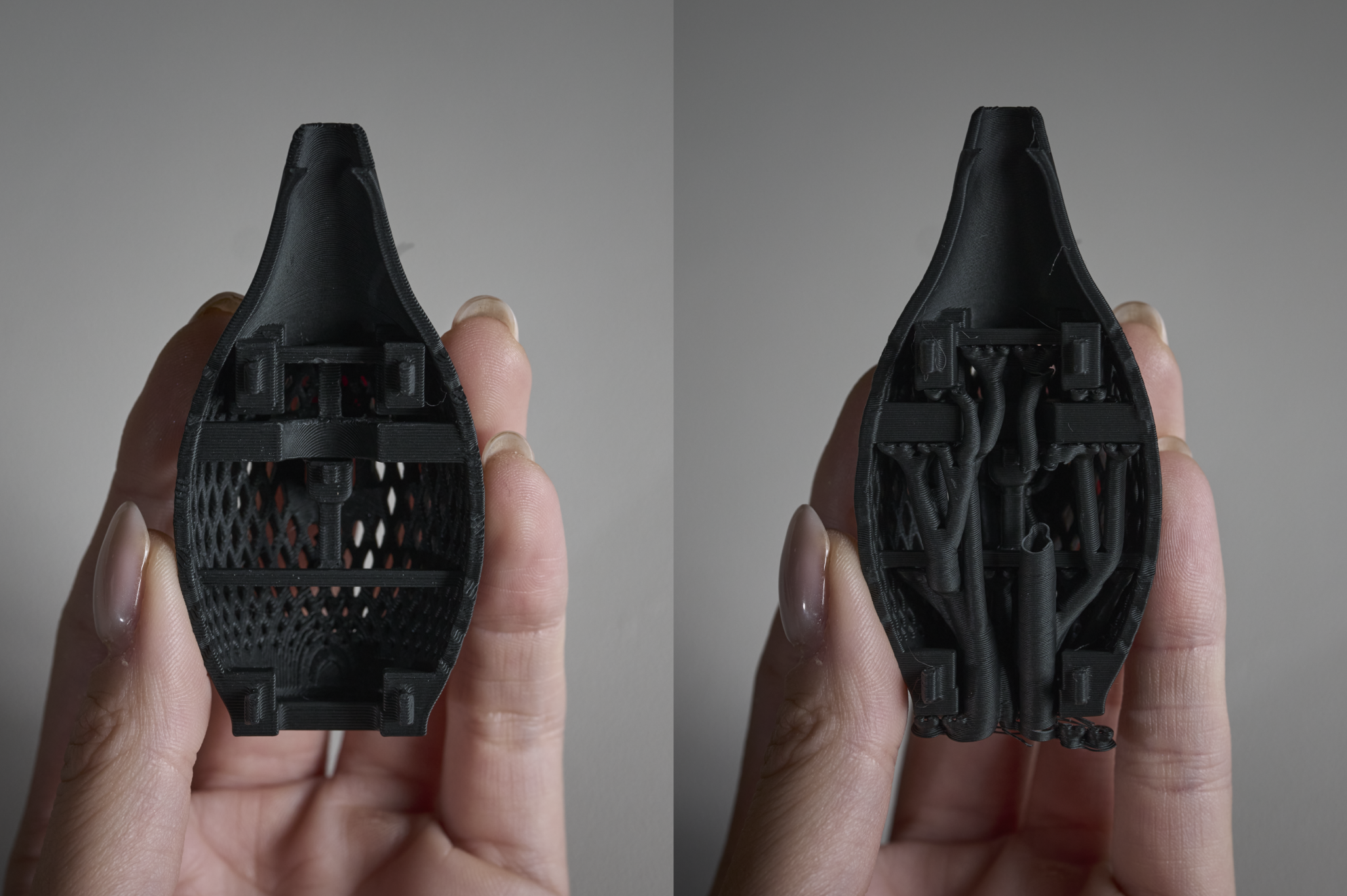 Two views of a printed Surface Slim Pen grip part showing the support structures and small features.