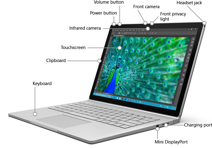 Surface Book viewed from the left front with callouts for its cameras, microphones, speakers, display, and left-side connections.