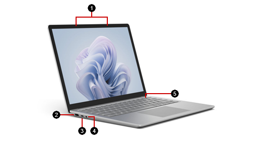 Surface Laptop 6 for Business showing Studio Mics, USB-A and USB-C ports, the headphone jack, and the power button.