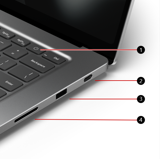Surface Laptop Ultra. Callouts mark the Surface magnetic connect USB-C port, a USB-A port, and an SD card reader on the right side of the laptop base. The power button, the second key from the right in the top row of the keyboard, is also called out.