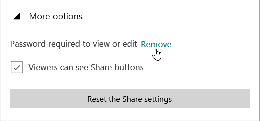 Screenshot that show More options menu with the Remove password link.