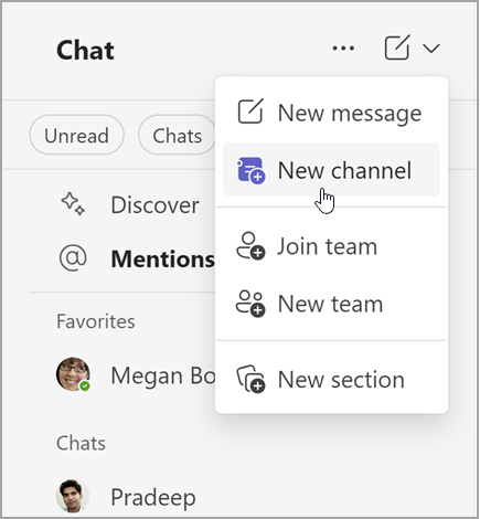 Screenshot of Microsoft Teams chat with options for creating a new message, new channel, or new team. It also has the option to join a team, or create a new section.