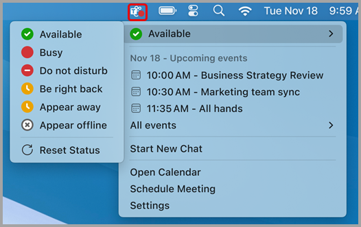 Screenshot showing quick actions menu for Teams on Mac.