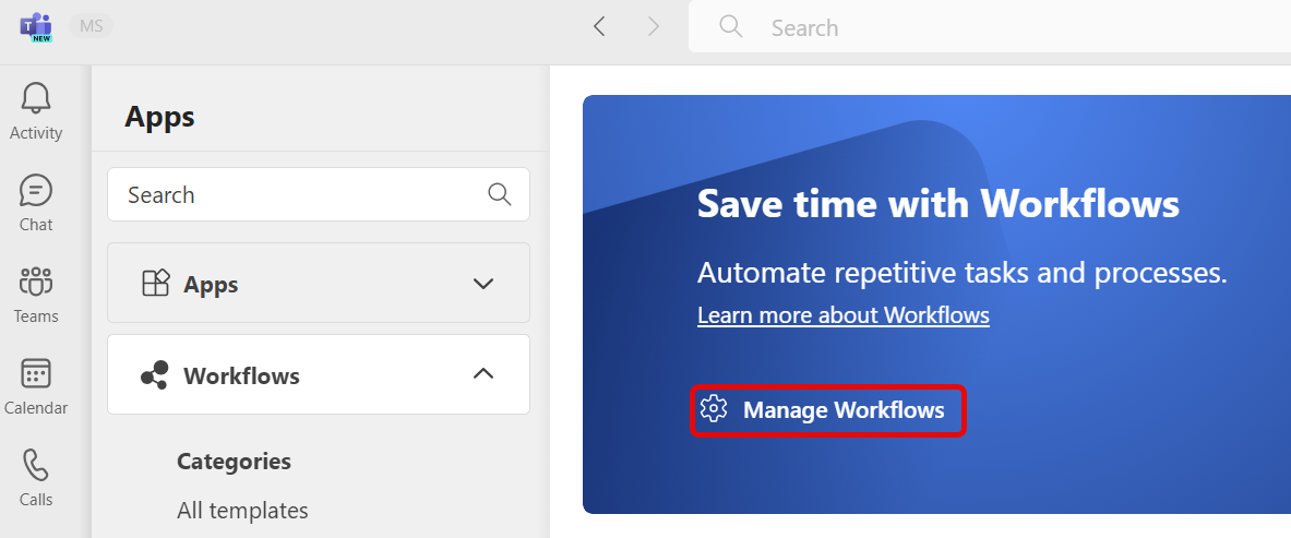 Manage Workflows highlighted in the Workflows app