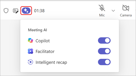 Screenshot highlighting the Meeting AI option at the top of a Teams meeting window