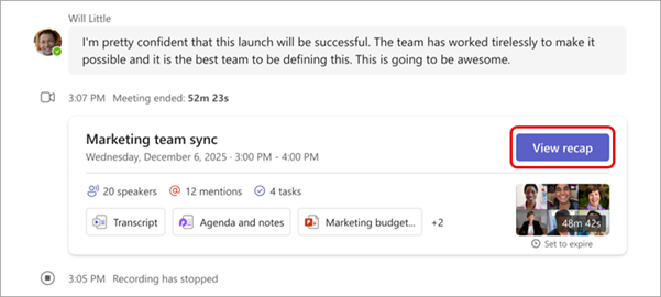 Screenshot of where to view a recap in a meeting chat.