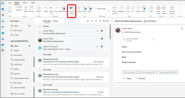Screenshot showing two entrypoints from Outlook to share an email to Teams.