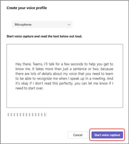 screenshot of the voice isolation dialog box with text to read so Teams can get to know your voice