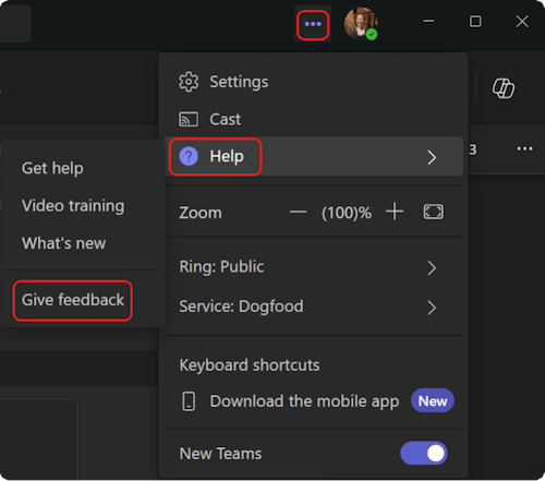 How to get to the help menu in Teams.