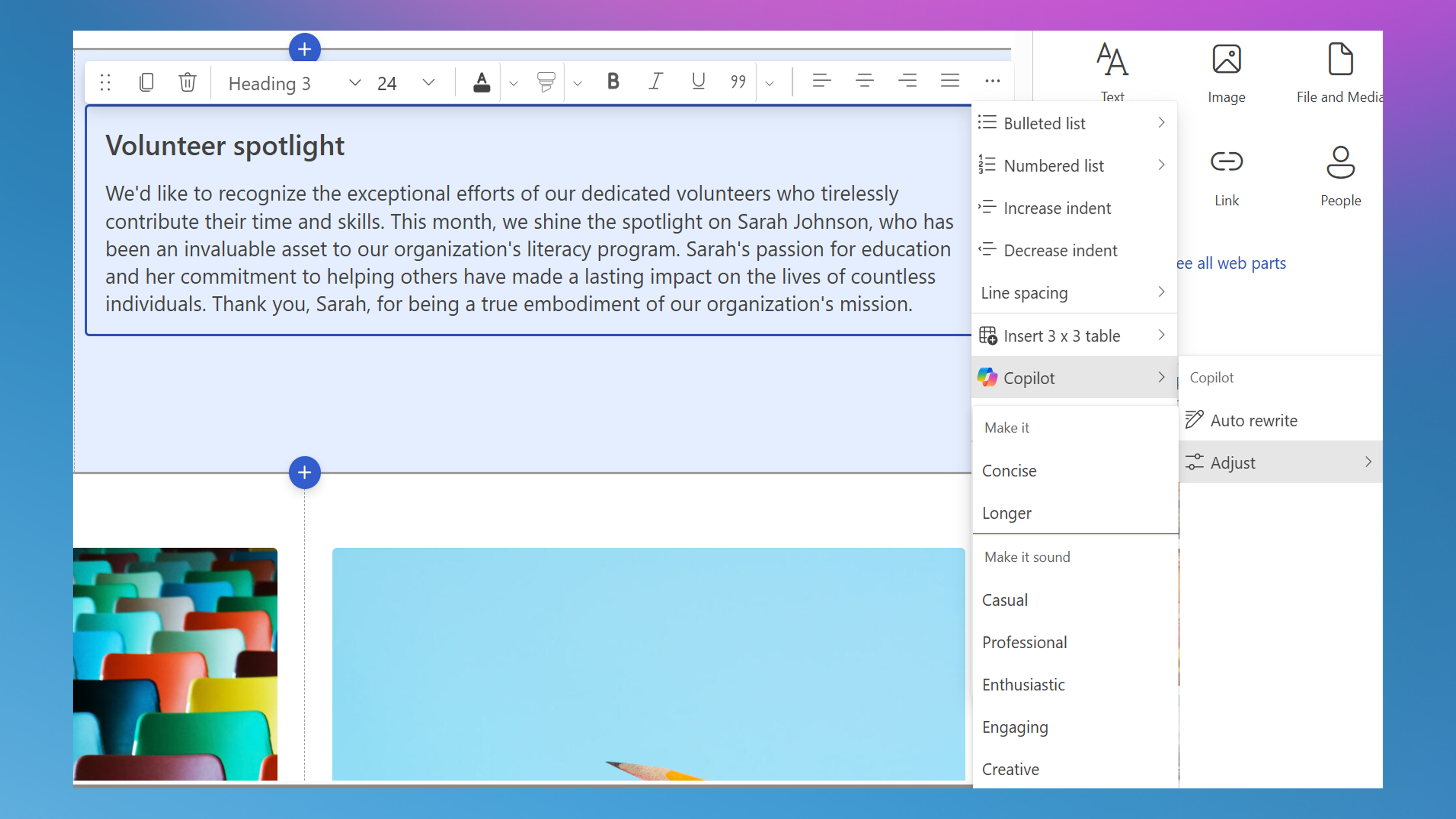Screenshot of Copilot experience in Viva Amplify