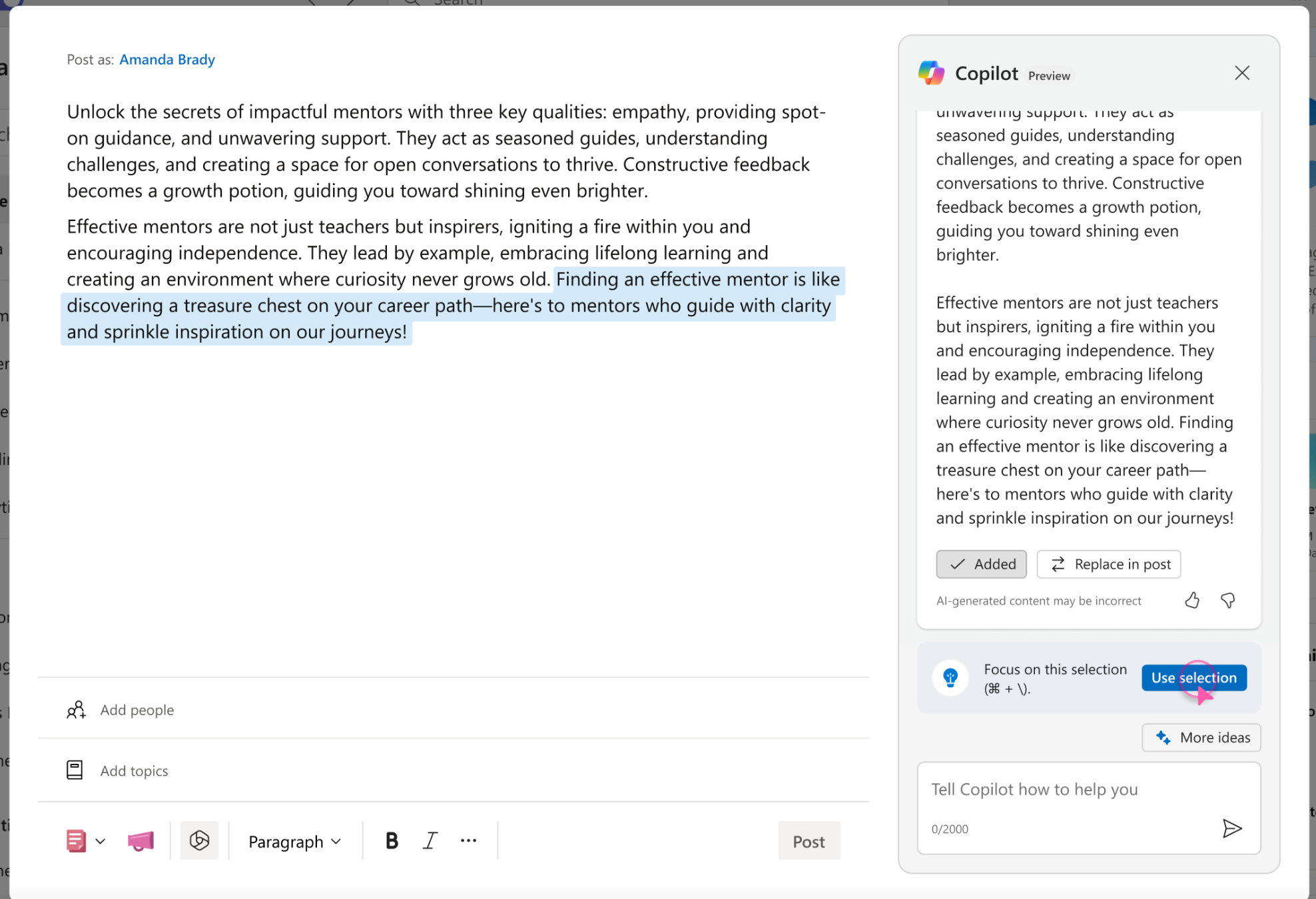 Screenshot shows how to narrow the focus to specific text in Copilot.