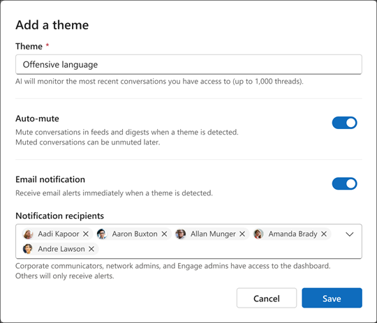Screenshot that shows to create a new theme for the AI-driven moderator agent. Choose a phrase that that conveys the need to search for a category of phenomena.