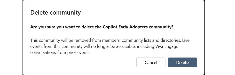 Screencap of the dialog box for deleting an Engage community under Settings.