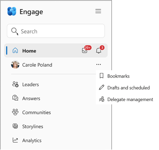 Pop-up menu for Viva Engage users