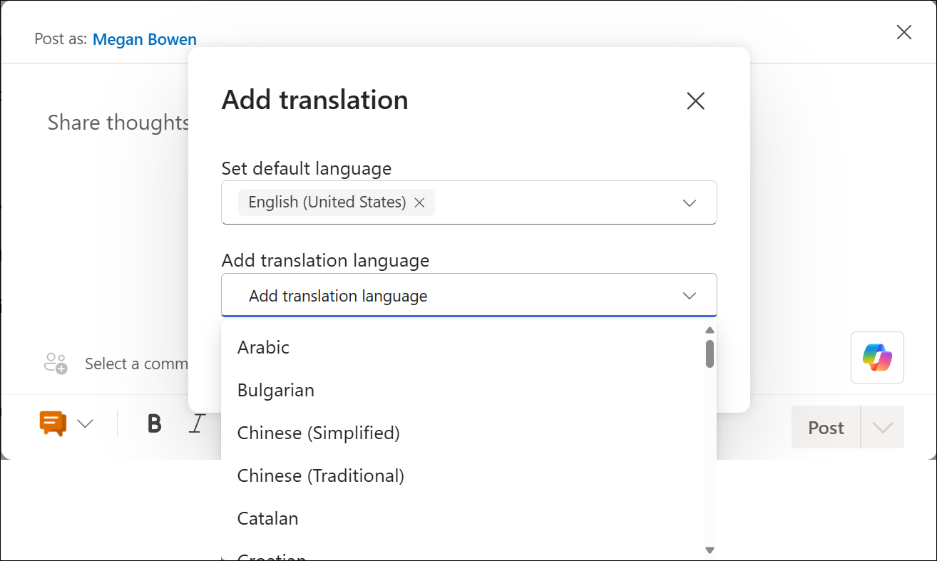 Screen cap of the language dropdown selector for setting up your set of translations