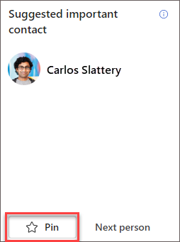 Suggested important contact card with the Pin button highlighted.