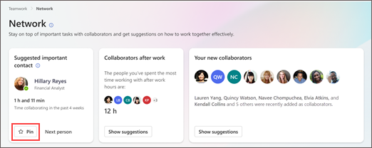 Viva Insights Network page showing suggested important contacts, collaborators after work, and new collaborators.