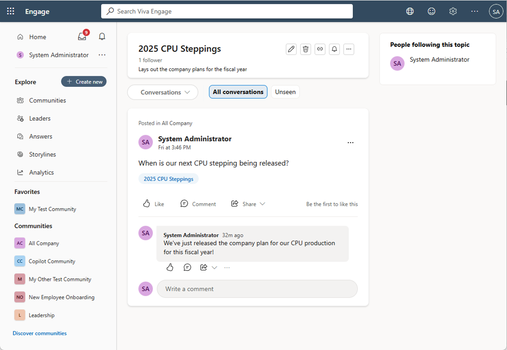 The topic page shows its conversations and its followers