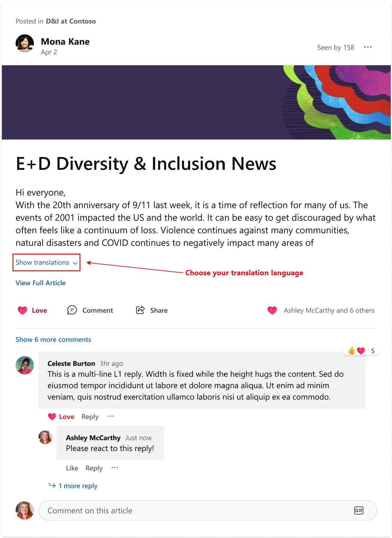 Screen cap of a post in the Engage feed allowing selection of a translation from the creator of the original post