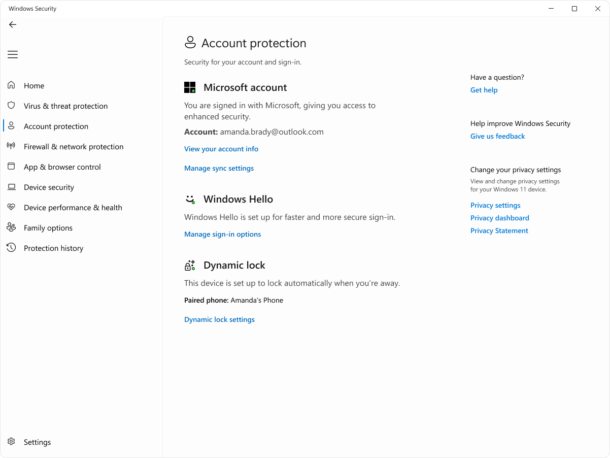 Screenshot of the account protection page of the Windows Security app.