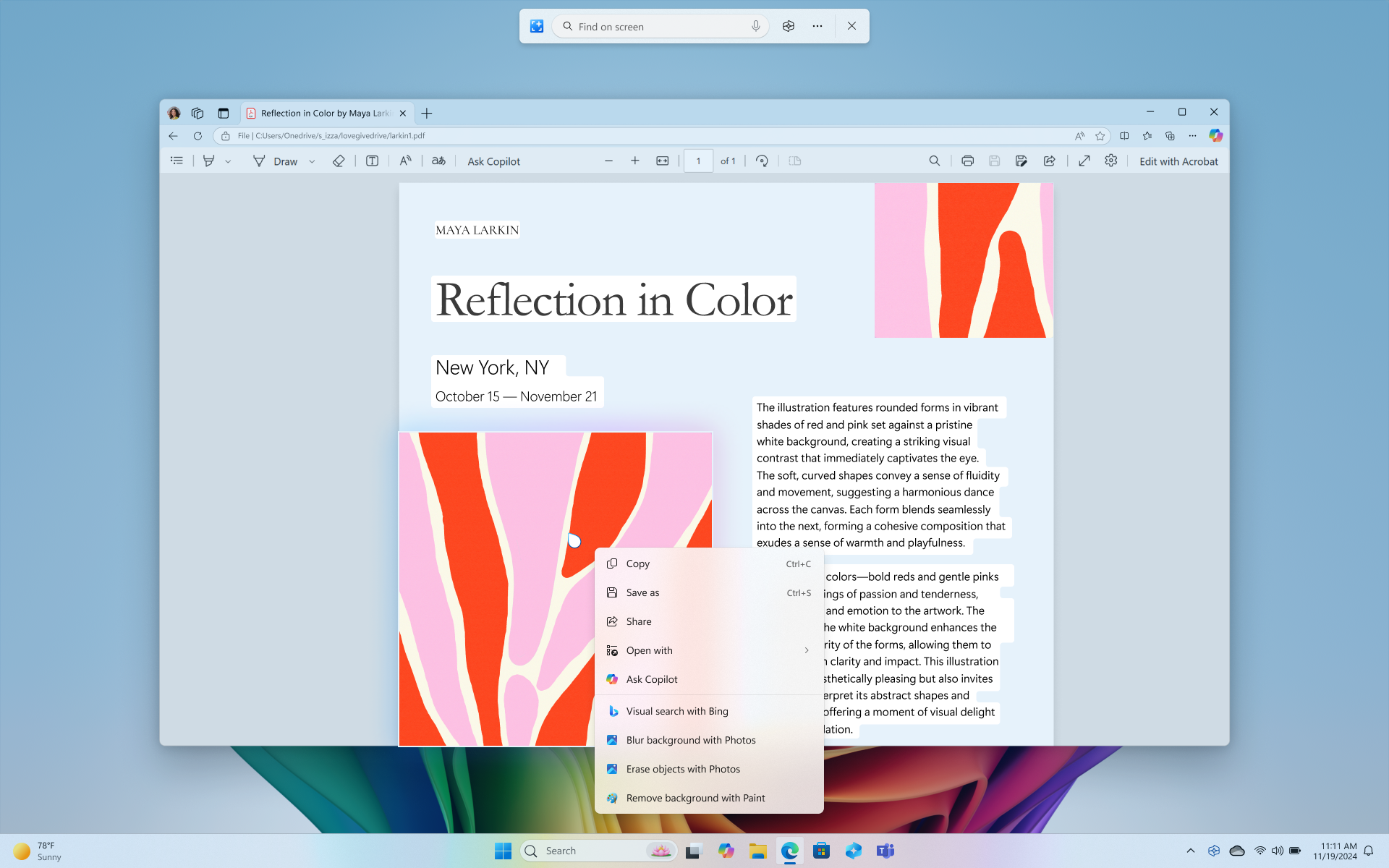 Screenshot of Click to Do showing the image actions menu.