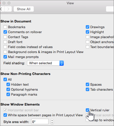 Word for Mac View preferences with Vertical ruler selected