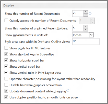 Word 2013 display options