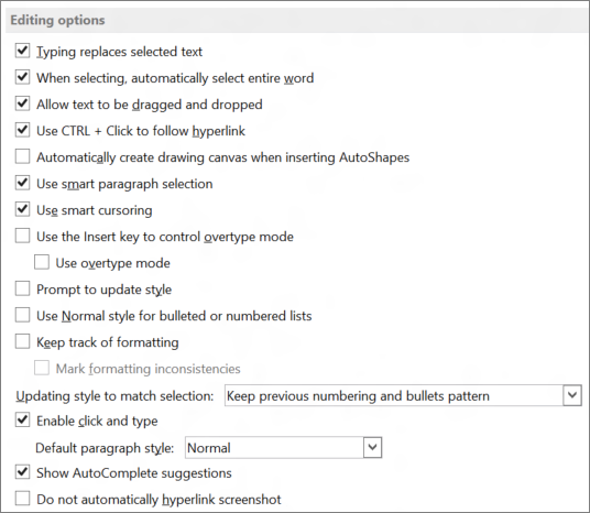 Word 2013 editing options