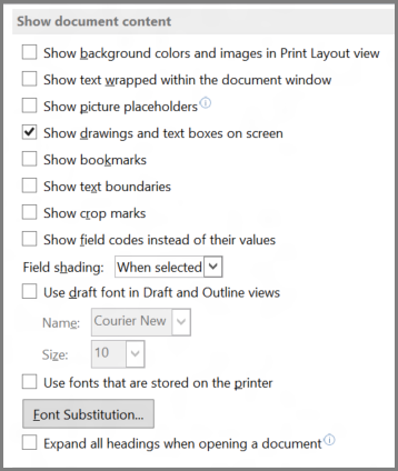 Word 2013 show document content options