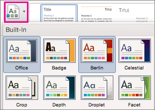 Screenshot shows the Design tab with the Themes option highlighted.