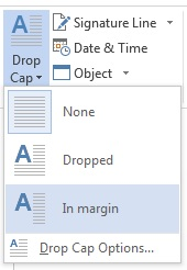 In the Drop Cap menu, choose In margin to drop the cap in the margin and not in the paragraph.