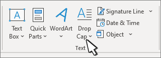 The Drop Cap option is on the Insert tab.