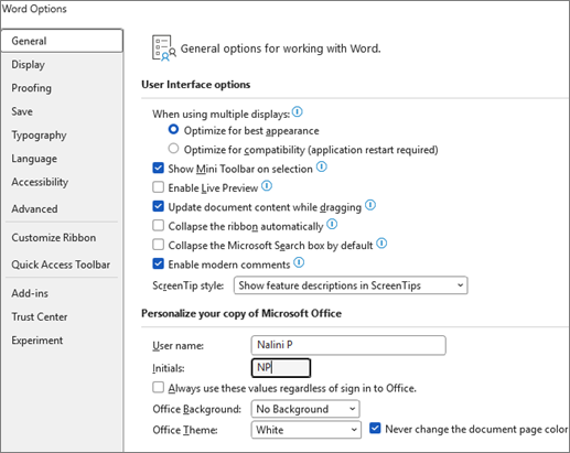 Word 2016/2013 General Options menu
