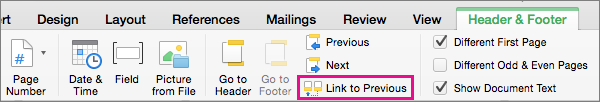 Click Link to Previous to toggle whether the header or footer is linked to that of the previous section.