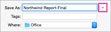Click the downward arrow next to the Save As box to expand the folder view to show folder shortcuts and display options.
